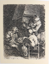 Load image into Gallery viewer, Cornelis Bega. Three peasants grouped around a chimney breast. Etching. 1620-1664.
