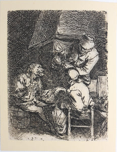 Cornelis Bega. Three peasants grouped around a chimney breast. Etching. 1620-1664.