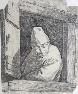 Cornelis Bega. A man in a tall cap leaning on a window ledge. Etching. 1620-1664.