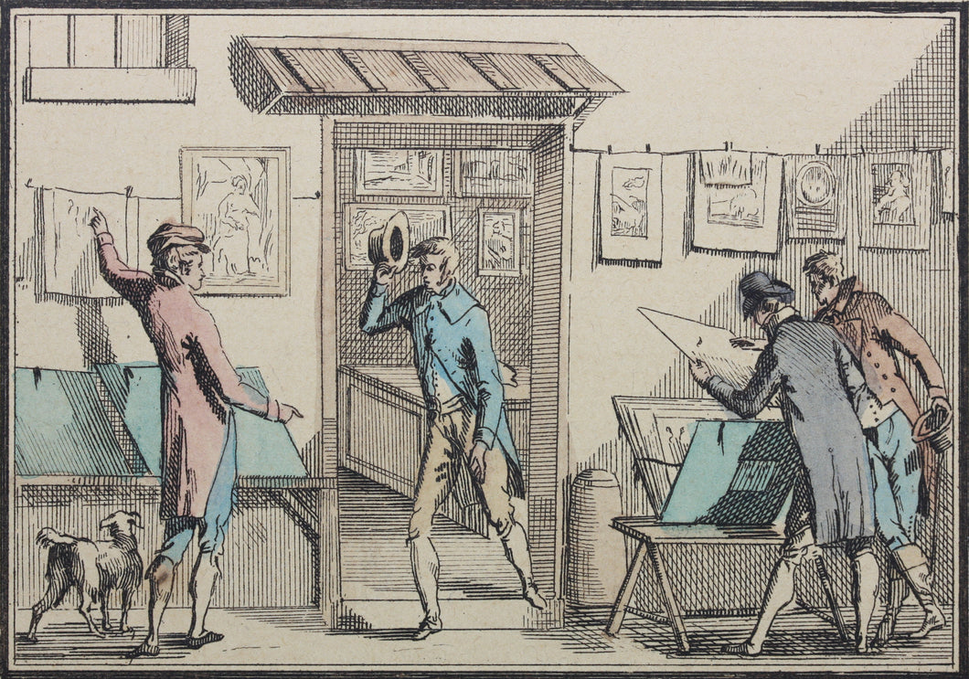 Jean Duplessis Bertaux. The print dealer. Hand colored etching. Early XIX C.