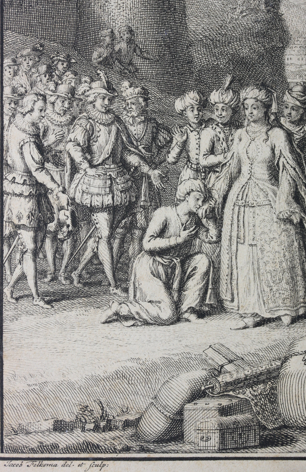 Jacob Folkema. The Generous Lover (Leonisa). Illustration to Exemplary Novels by Miguel de Cervantes. Engraving. 1739.