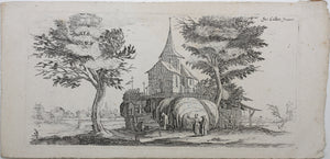 Jacques Callot, after. Landscape with church standing on a rocky promontory. Etching. XVII C.