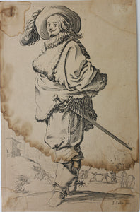 Jacques Callot. Standing man, turned to left, wearing plumed hat, ruff, and boots. Etching. c. 1620-1623