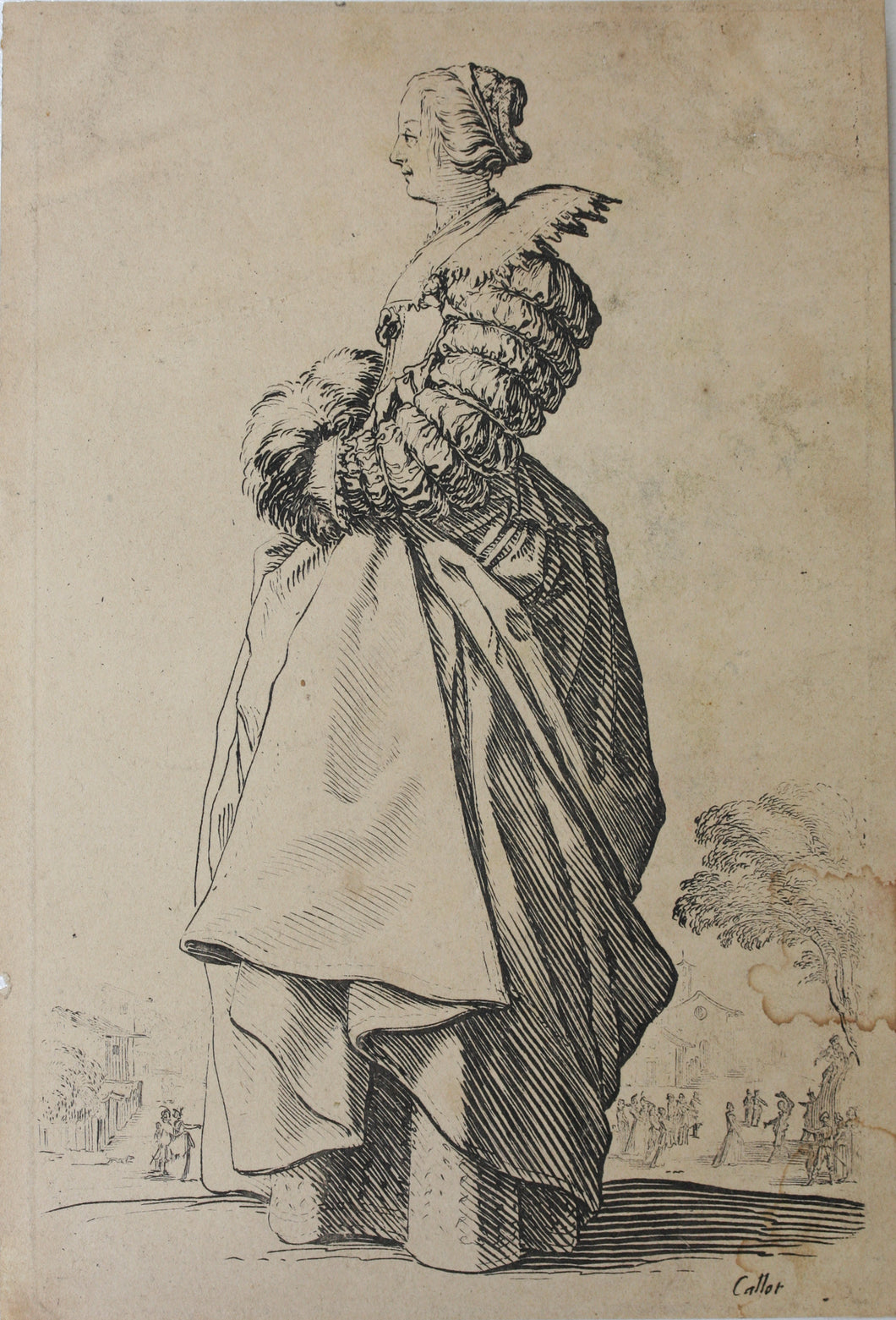 Jacques Callot. Standing woman in elegant dress with lace collar, and with hands in muff. Etching. c. 1620-1623