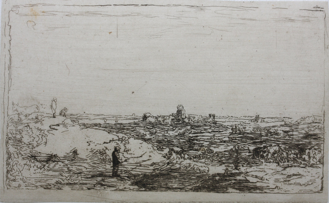 Anonymous artist XVII C. in the manner of Rembrandt, after. Landscape with a cow. Etching by Léopold Flameng. C. 1859.