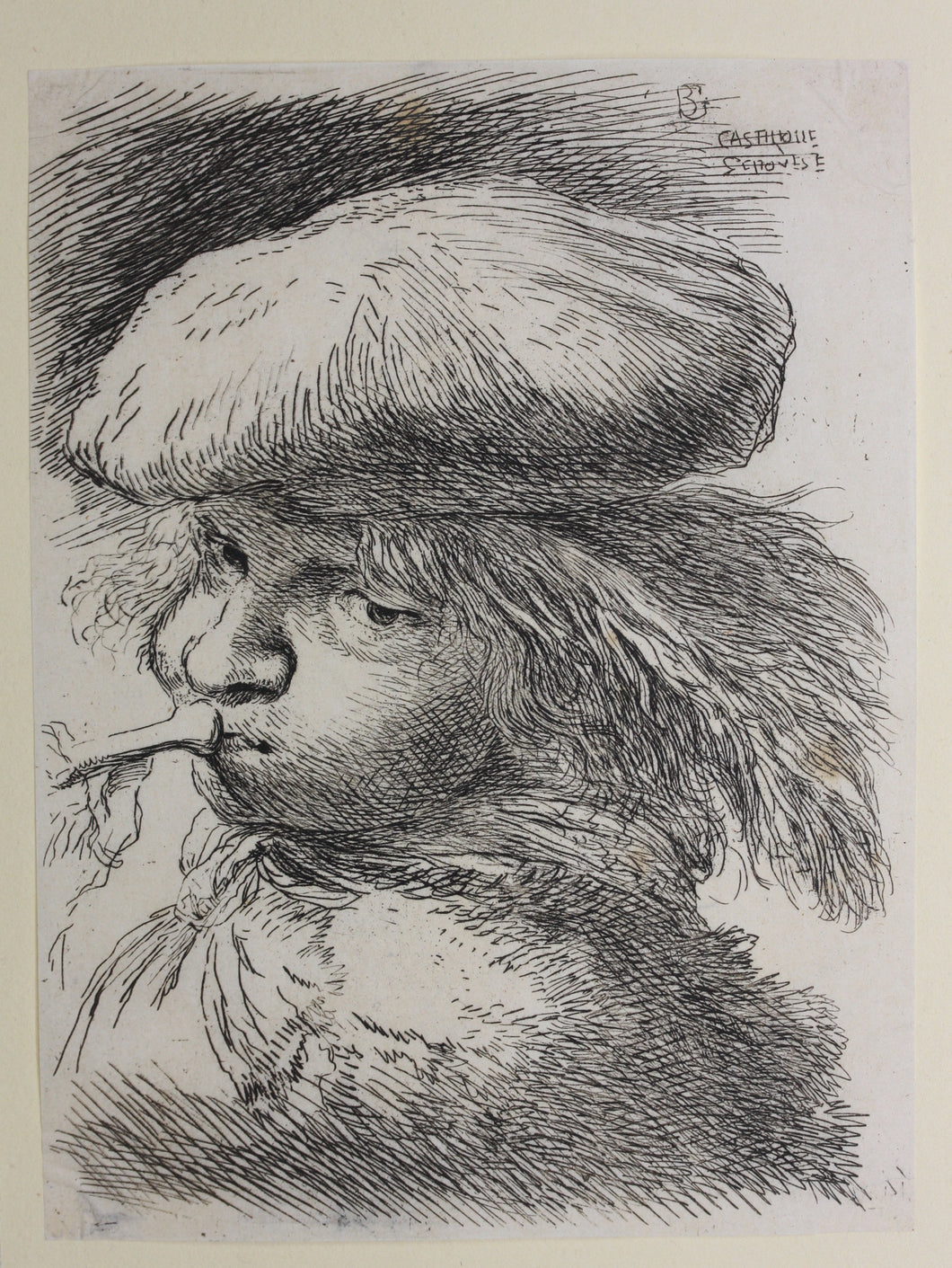 Giovanni Benedetto Castiglione. Head looking to left blowing on the mouth of a trumpet. Etching. C. 1645-1650.