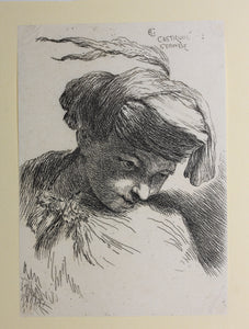 Giovanni Benedetto Castiglione. Head looking down to right with feather in hat. Etching. C. 1645-1650.