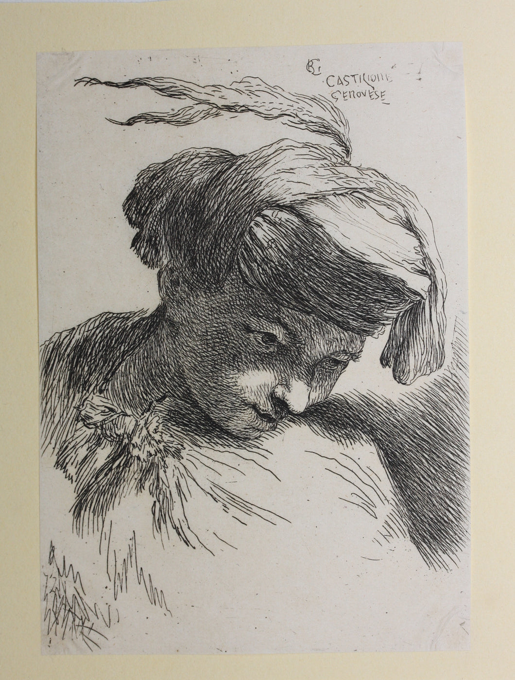 Giovanni Benedetto Castiglione. Head looking down to right with feather in hat. Etching. C. 1645-1650.
