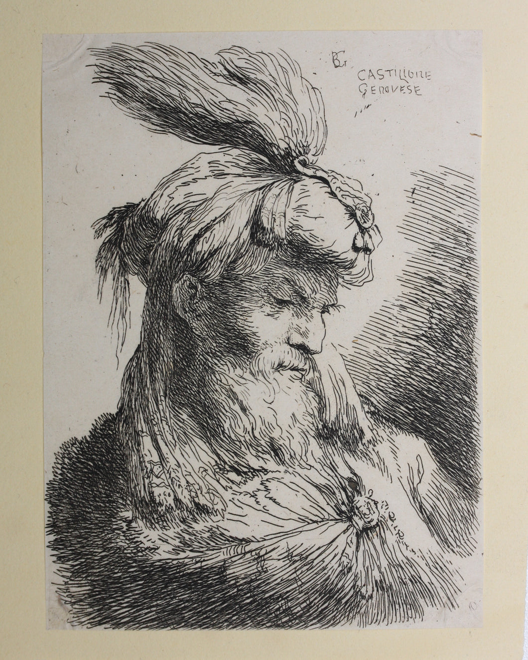 Giovanni Benedetto Castiglione. Head to right with beard and two feathers in hat. Etching. C. 1645-1650.