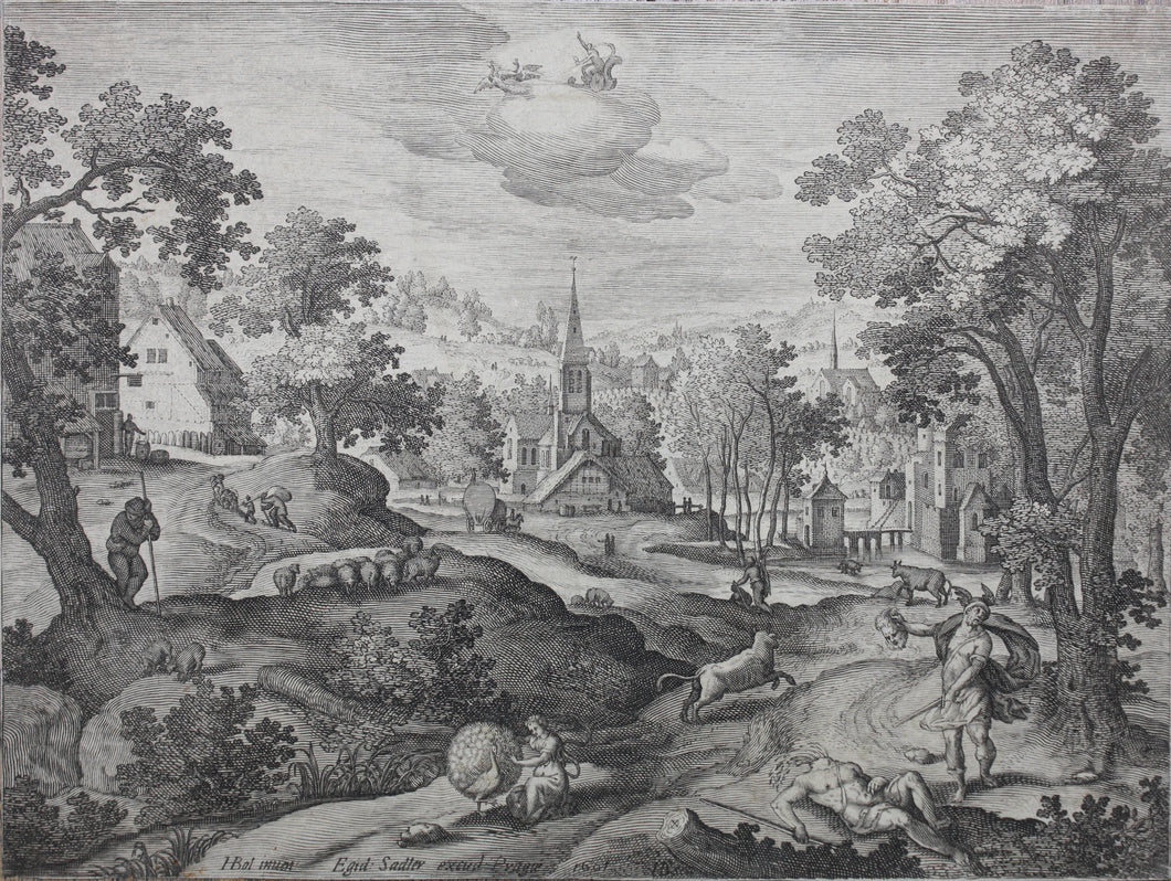 Hans Bol, after. Landscape with Mercury and Argus. Engraving by Monogrammist HB. 1601.