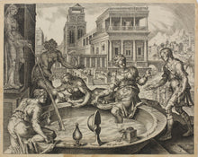 Load image into Gallery viewer, Maarten van Heemskerck, after. Bathsheba receiving a message from David. Engraving by Harman Jansz. Muller. C. 1566.
