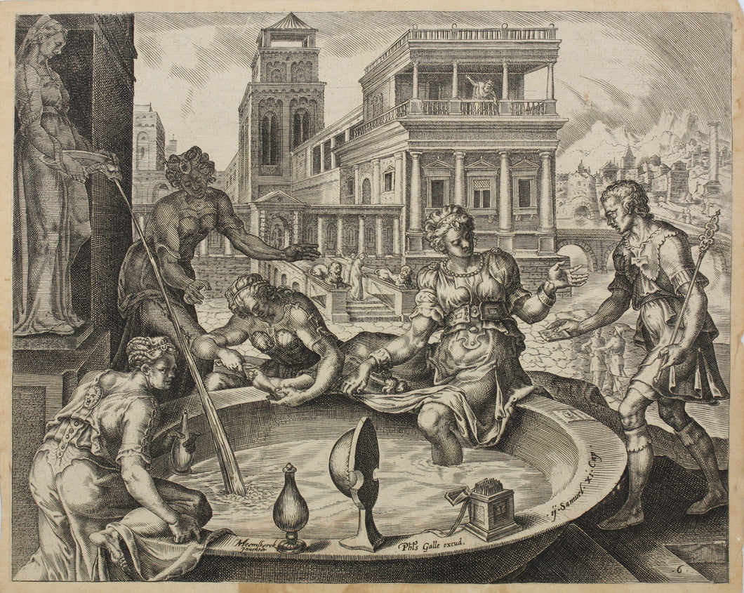 Maarten van Heemskerck, after. Bathsheba receiving a message from David. Engraving by Harman Jansz. Muller. C. 1566.