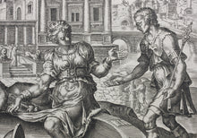 Load image into Gallery viewer, Maarten van Heemskerck, after. Bathsheba receiving a message from David. Engraving by Harman Jansz. Muller. C. 1566.
