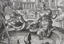 Load image into Gallery viewer, Maarten van Heemskerck, after. Bathsheba receiving a message from David. Engraving by Harman Jansz. Muller. C. 1566.
