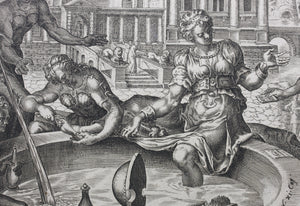 Maarten van Heemskerck, after. Bathsheba receiving a message from David. Engraving by Harman Jansz. Muller. C. 1566.