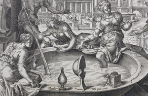 Maarten van Heemskerck, after. Bathsheba receiving a message from David. Engraving by Harman Jansz. Muller. C. 1566.