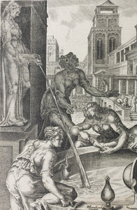 Maarten van Heemskerck, after. Bathsheba receiving a message from David. Engraving by Harman Jansz. Muller. C. 1566.