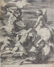 Load image into Gallery viewer, Rosso Fiorentino, after. Battle between Hercules and Centaurs. Engraving by Jacopo Caraglio. 1520-1539.
