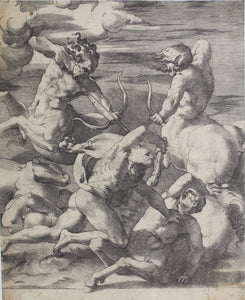 Rosso Fiorentino, after. Battle between Hercules and Centaurs. Engraving by Jacopo Caraglio. 1520-1539.