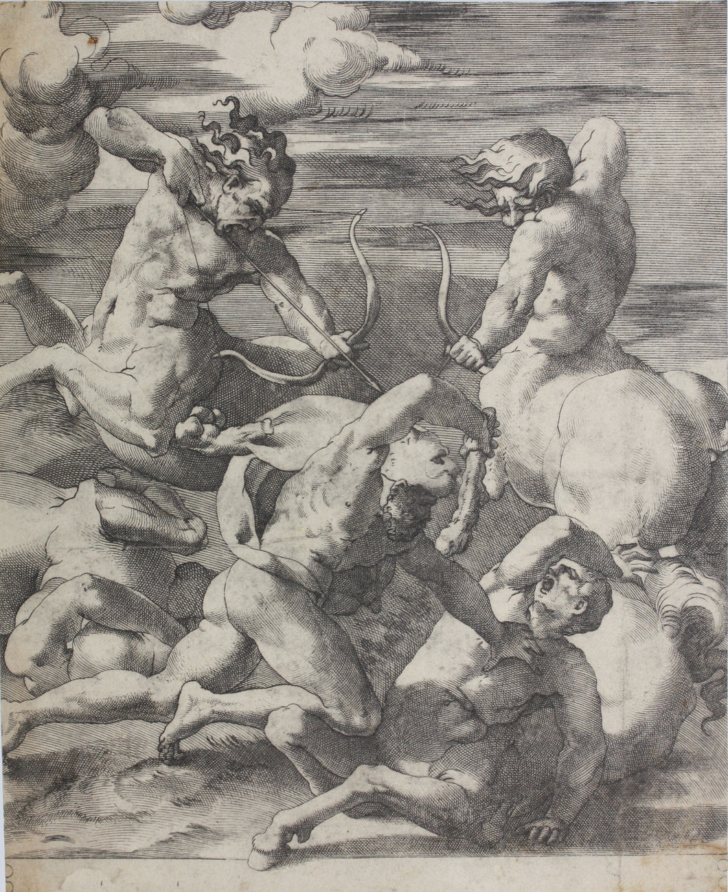 Rosso Fiorentino, after. Battle between Hercules and Centaurs. Engraving by Jacopo Caraglio. 1520-1539.