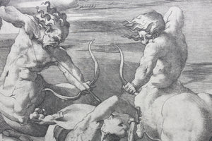 Rosso Fiorentino, after. Battle between Hercules and Centaurs. Engraving by Jacopo Caraglio. 1520-1539.