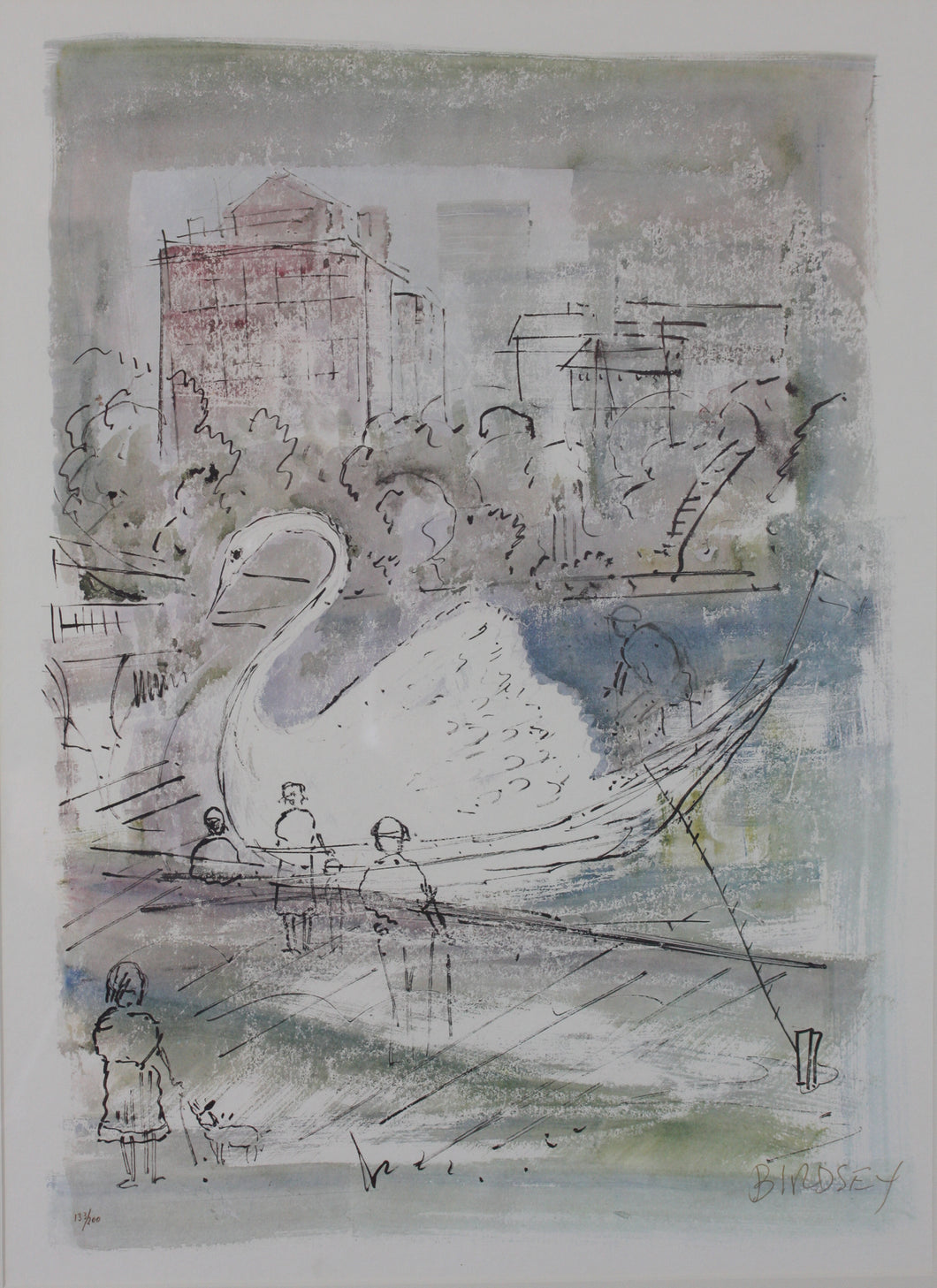 Alfred Birdsey. Swan Boats in Boston Common. Lithograph. Mid 20th century.