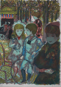 Emilio Grau-Sala. Children in a park. Color lithograph. Limited edition. Signed. Mid 20th c.