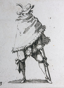 Jacques Callot, after. Male figure "Man Wrapped in His Mantle". Etching. Early 18th century.