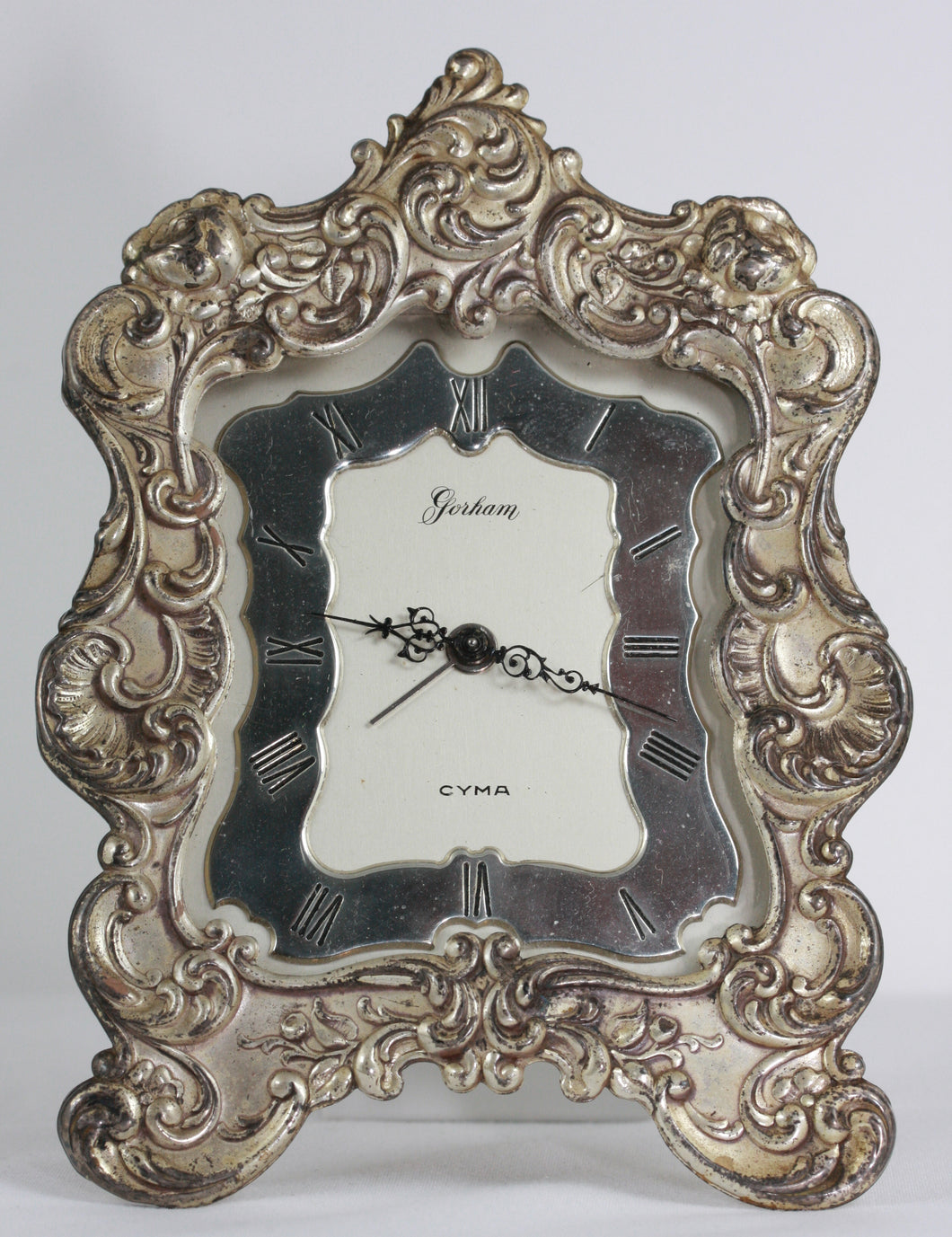 Gorham. Shelf Easel Repousse Alarm clock. Sterling silver. Vintage. 1930s.