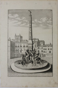 Georg Andreas Bockler. Four rivers fountain with Egyptian column on the Piazza Navona in Rome. Engraving #108. 1664.