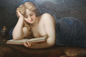Antonio da Correggio, after. Mary Magdalene reading. Painting on porcelain plaque KPM. 19th century.