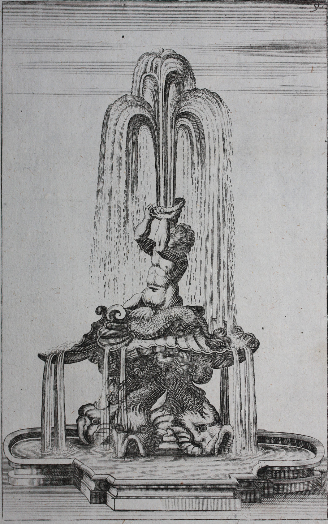 Georg Andreas Bockler. Fountain Triton in Piazza Barberini in Rome. Engraving #97. 1664.
