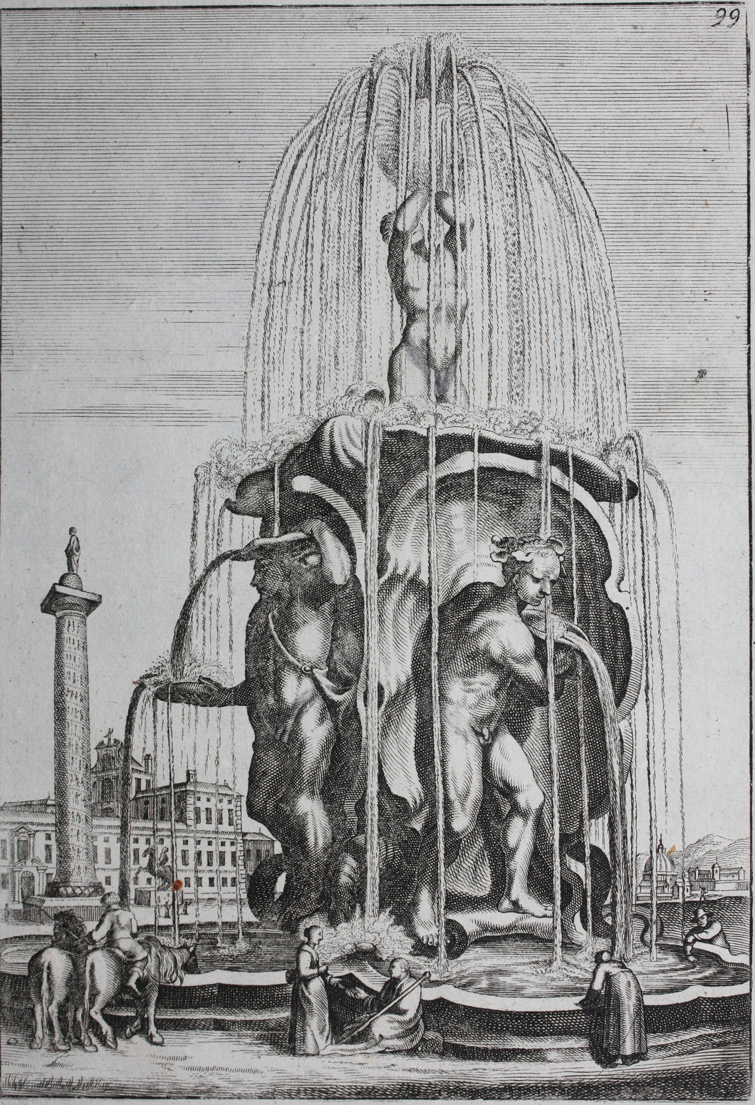 Georg Andreas Bockler. Fountain in Rome next to the Column of Marcus Aurelius. #99. 1664.
