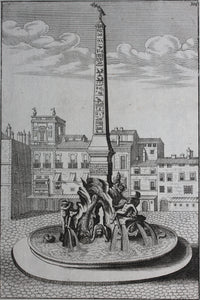 Georg Andreas Bockler. Four rivers fountain with Egyptian column on the Piazza Navona in Rome. Engraving #108. 1664.