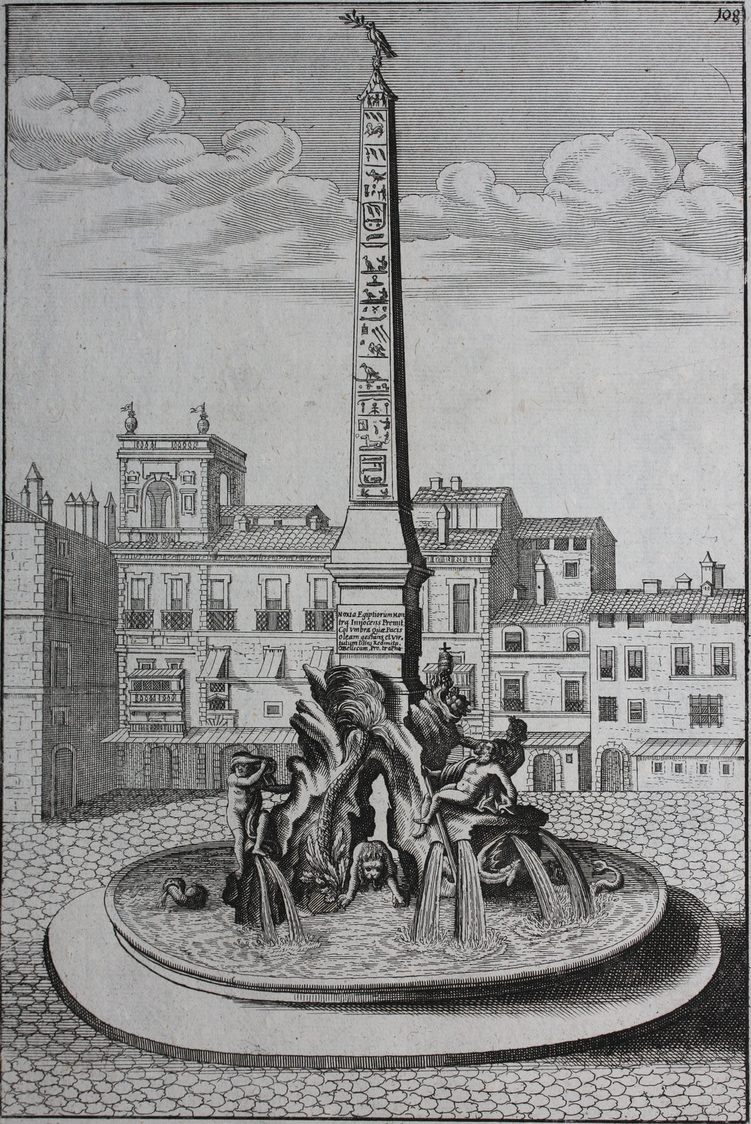 Georg Andreas Bockler. Four rivers fountain with Egyptian column on the Piazza Navona in Rome. Engraving #108. 1664.