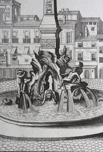 Georg Andreas Bockler. Four rivers fountain with Egyptian column on the Piazza Navona in Rome. Engraving #108. 1664.