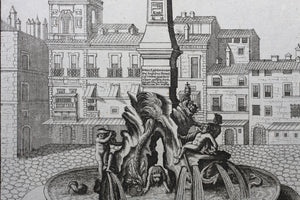 Georg Andreas Bockler. Four rivers fountain with Egyptian column on the Piazza Navona in Rome. Engraving #108. 1664.