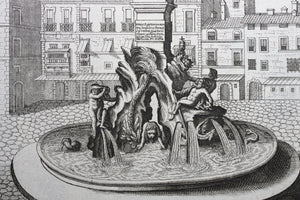 Georg Andreas Bockler. Four rivers fountain with Egyptian column on the Piazza Navona in Rome. Engraving #108. 1664.