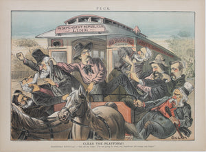 Bernhard Gillam. Clear the platform! Political cartoon. Color lithograph. 1883.