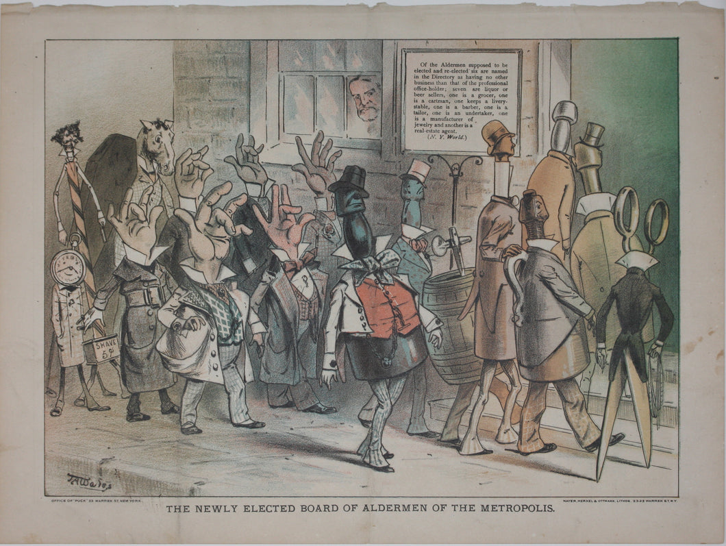 James Albert Wales. The newly elected board of aldermen of the metropolis. Political cartoon. Color lithograph. 1879.