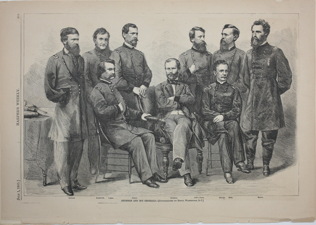 Photography Brady, Washington, D. C., after. Sherman and his generals. Wood engraving. 1865.