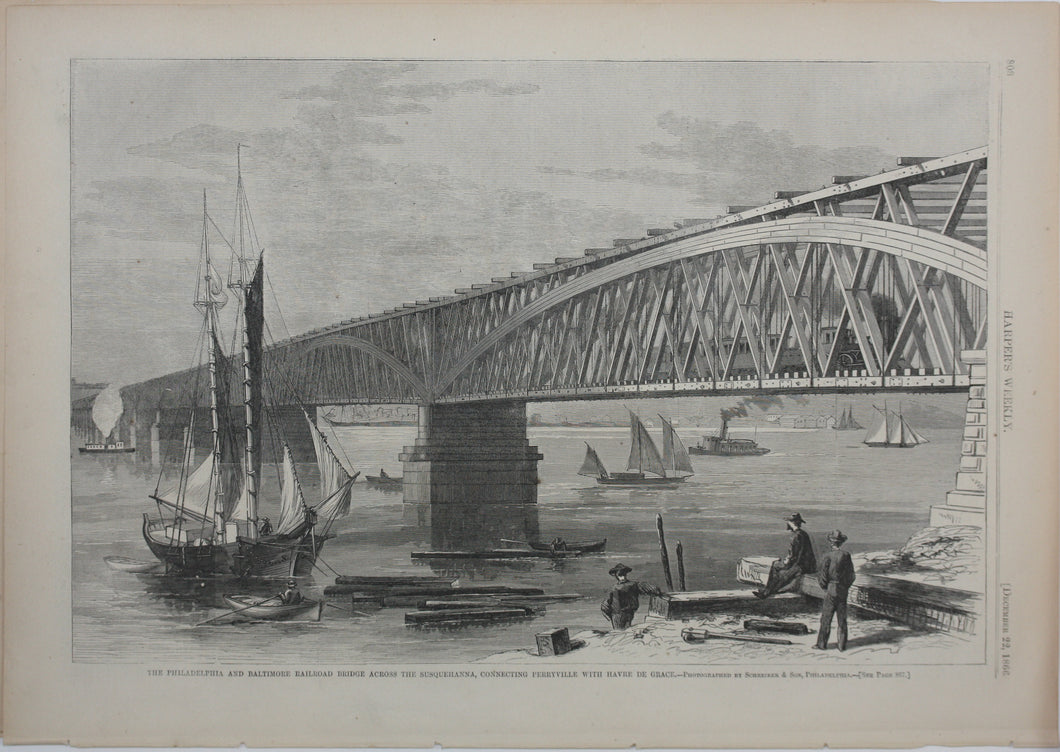 Photography Schreiber & Son, after. The Philadelphia and Baltimore railroad bridge[...] Wood engraving. 1866.