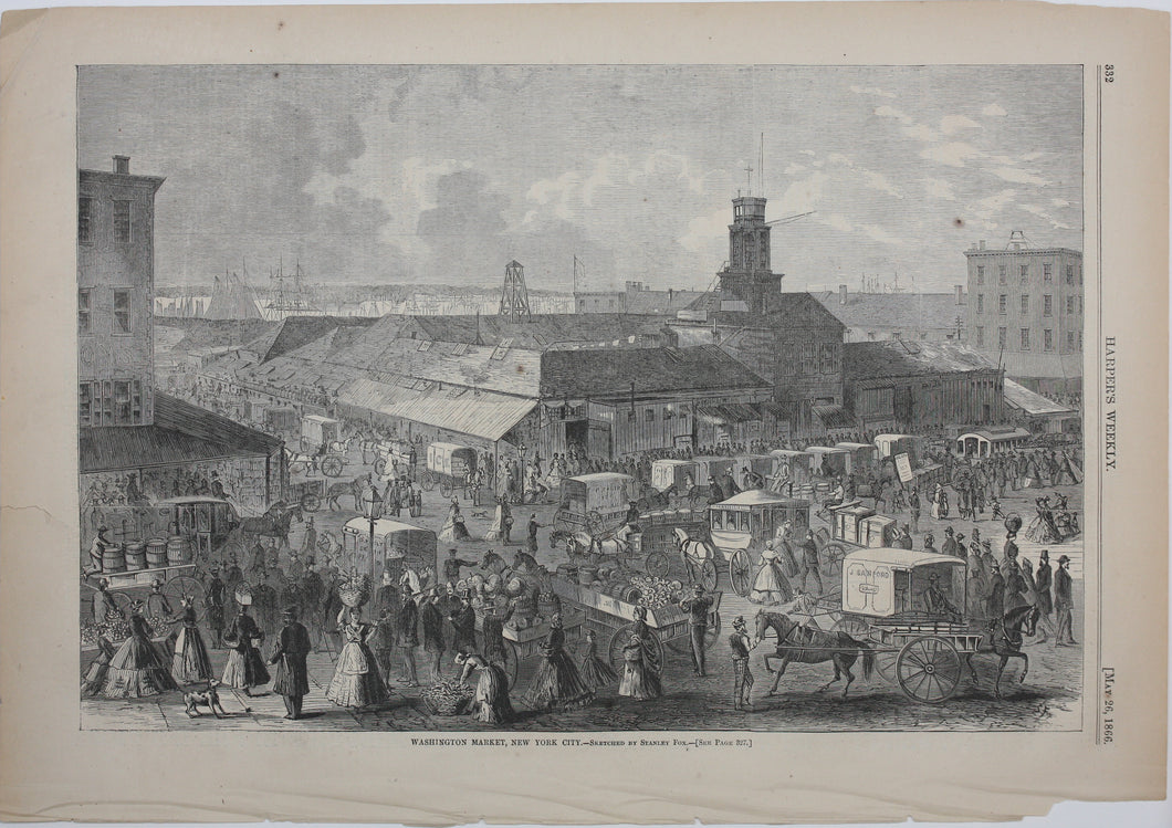 Stanley Fox, after. Washington Market, New York City. Wood engraving. 1866.