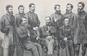 Photography Brady, Washington, D. C., after. Sherman and his generals. Wood engraving. 1865.