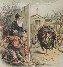 Load image into Gallery viewer, Frederick Victor Gillam. Preparing for Thanksgiving. Political cartoon. Color lithograph. 1887.
