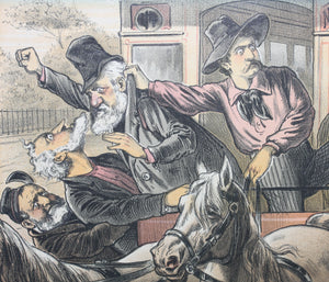Bernhard Gillam. Clear the platform! Political cartoon. Color lithograph. 1883.