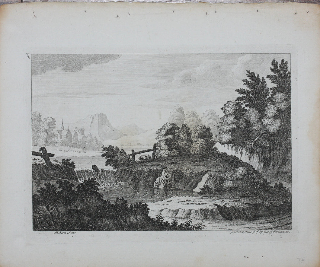 Jean Baptiste Claude Chatelain, attributed to, after. Landscape with waterfall. Engraved by R.Roberts. Mid.-18th Century.