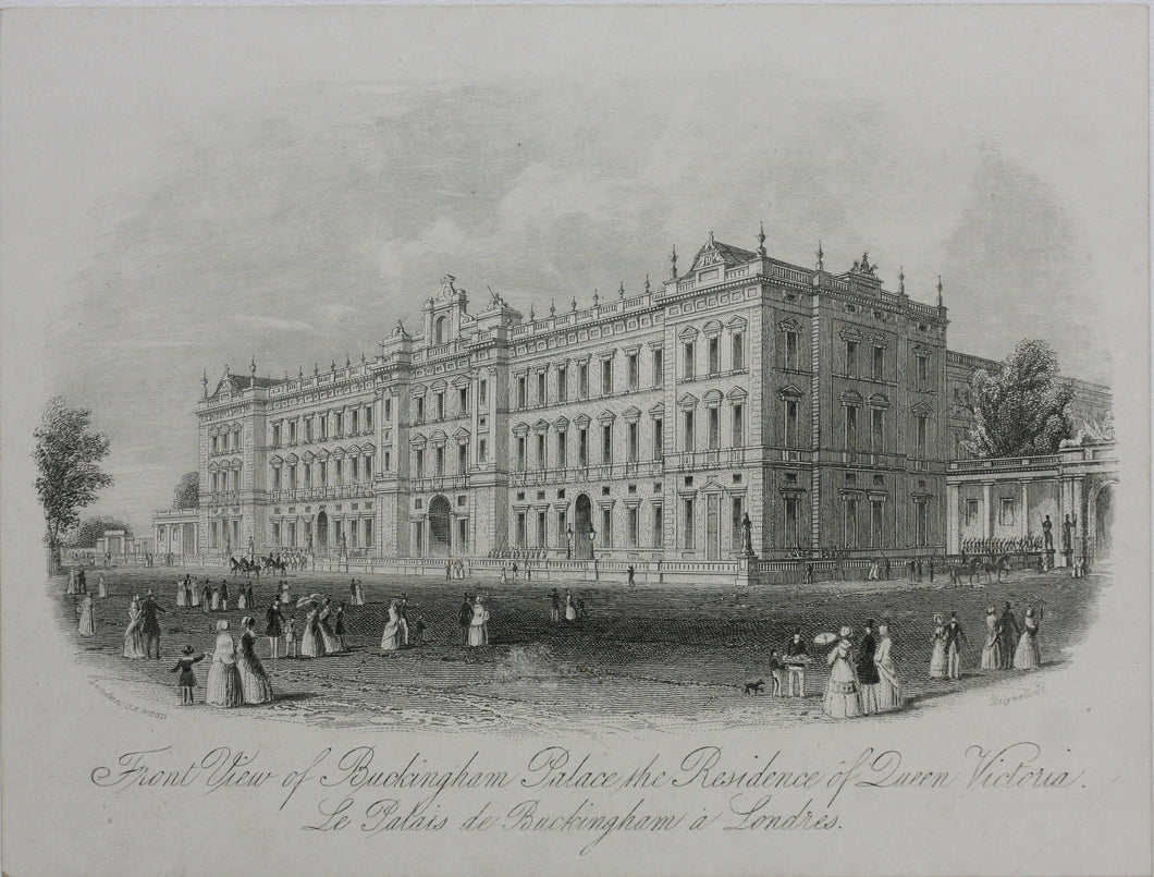 Joseph Thomas Wood, publisher. Front View of Buckingham Palace the Residence of Queen Victoria. Enamel card. Circa 1851.