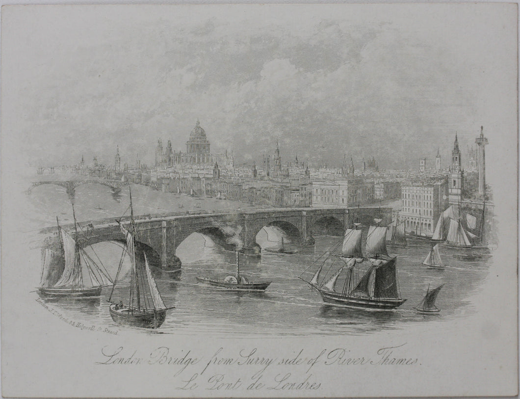 Joseph Thomas Wood, publisher. London Bridge from Surry side of River Thames. Enamel card. Circa 1851.