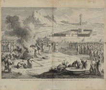 Load image into Gallery viewer, Augustin Calmet. Cérémonies du sacrifice de la vache rousse bruslée hors du camp d&#39;Israël.  Engraving. 1728.
